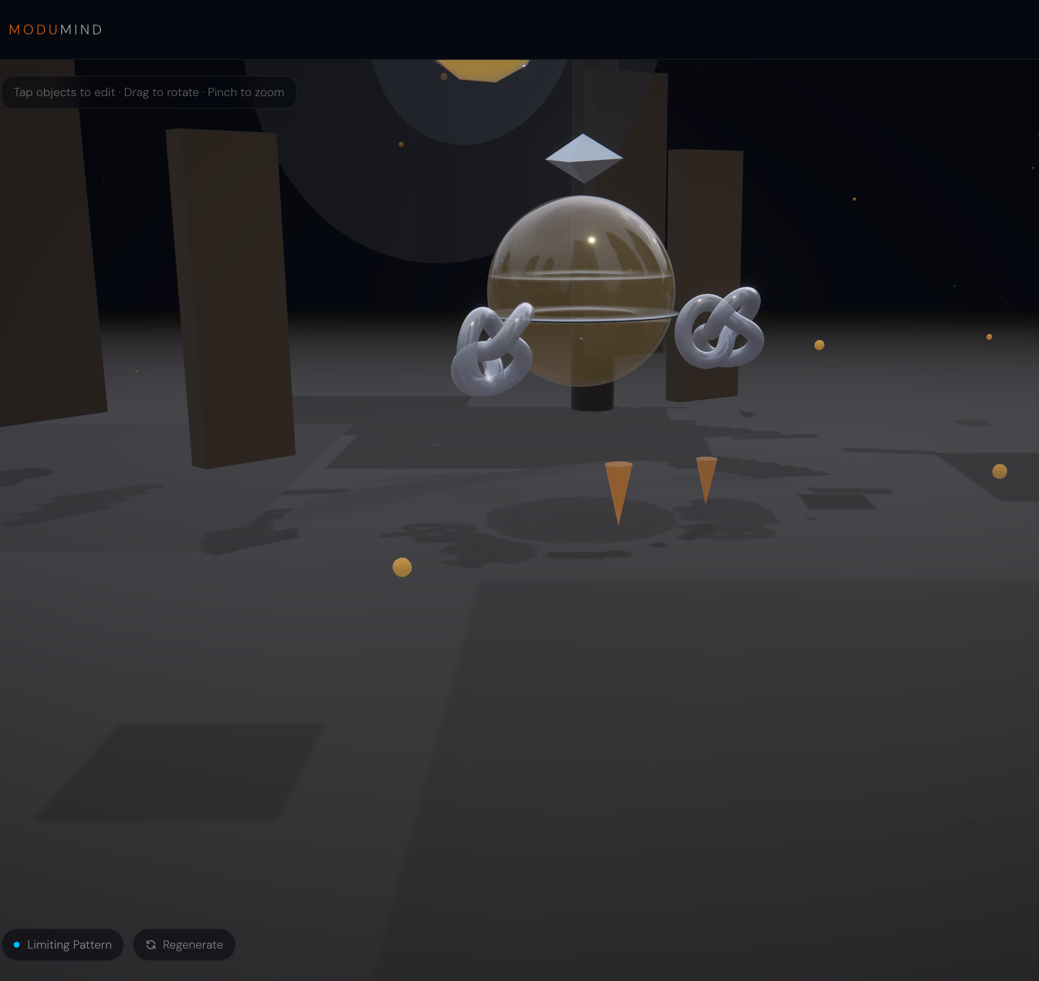 The scene the AI generated for the courtroom prompt: a constrained brass sphere with chained appendages, pinned between cold concrete pillars under a dim spotlight. The visual is doing the work — you can point at the chains.